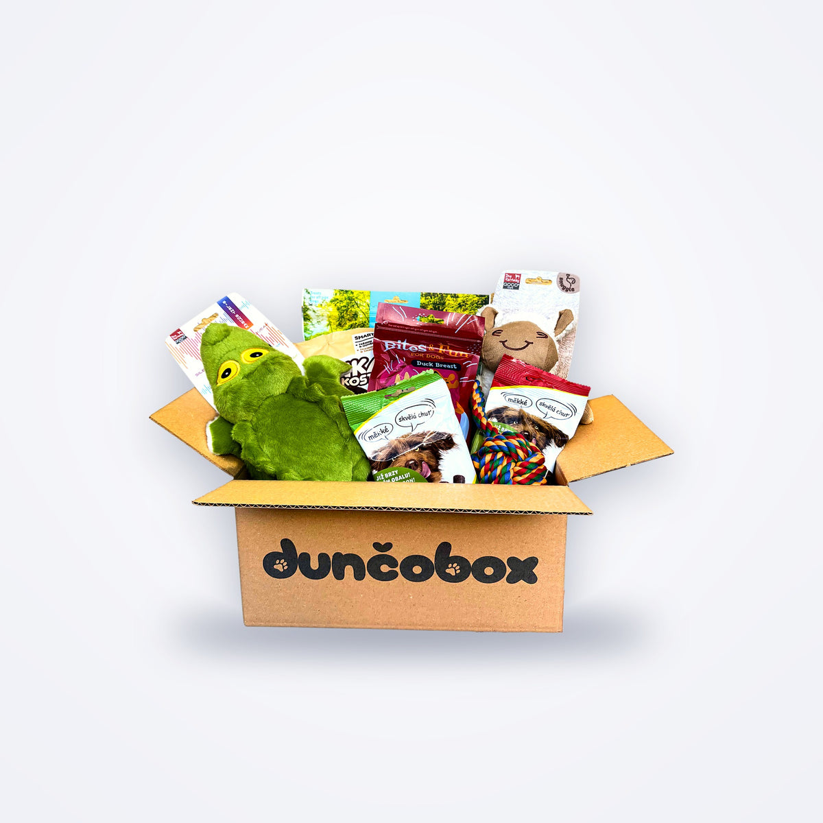 DunčoBox – mesačný box prekvapení s hračkami a maškrtami pre psa